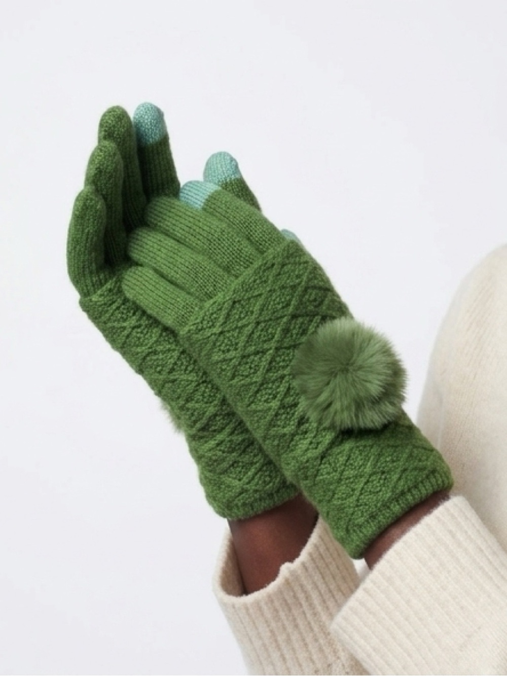 Green Knit Pom-Pom Touchscreen Gloves